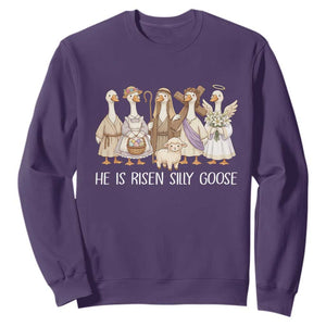 Funny Christian Easter He Is Risen Silly Goose Sweatshirt Cute Faith-Based Geese Parody Gift with Jesus TS02 Purple Print Your Wear