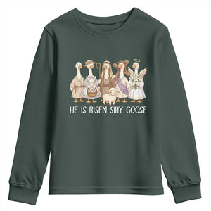 Funny Christian Easter He Is Risen Silly Goose Youth Sweatshirt Cute Faith-Based Geese Parody Gift with Jesus TS02 Dark Forest Green Print Your Wear