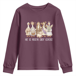 Funny Christian Easter He Is Risen Silly Goose Youth Sweatshirt Cute Faith-Based Geese Parody Gift with Jesus TS02 Maroon Print Your Wear