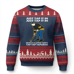 Just Tap It In Funny Golfer Ugly Christmas Sweater Tappy Tap Taparoo Putting Golfing Humor Retro Golf Lover TS02 Navy Red Print Your Wear