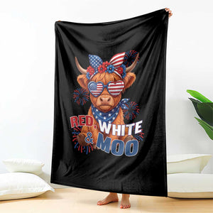 Red White and Moo Funny Patriotic Highland Cow Throw Blanket Cute American Flag Sunglasses and Bandana Summer Fireworks TS02 Print Your Wear
