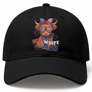Red White and Moo Funny Patriotic Highland Cow Baseball Cap Cute American Flag Sunglasses and Bandana Summer Fireworks TS02 Print Your Wear