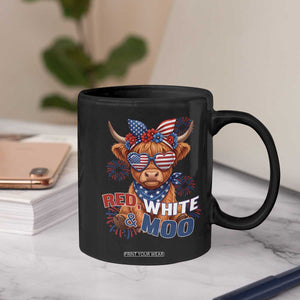 Red White and Moo Funny Patriotic Highland Cow Coffee Mug Cute American Flag Sunglasses and Bandana Summer Fireworks TS02 Print Your Wear