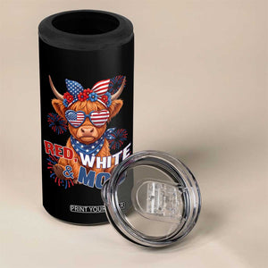 Red White and Moo Funny Patriotic Highland Cow 4 in 1 Can Cooler Tumbler Cute American Flag Sunglasses and Bandana Summer Fireworks TS02 Print Your Wear