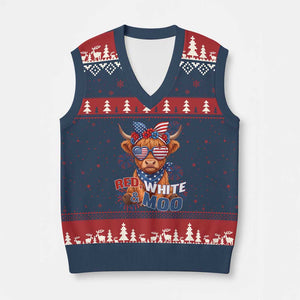 Red White and Moo Funny Patriotic Highland Cow V-Neck Knit Sweater Vest Cute American Flag Sunglasses and Bandana Summer Fireworks TS02 Navy Red Print Your Wear
