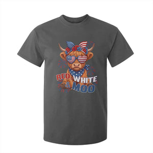 Red White and Moo Funny Patriotic Highland Cow T Shirt For Kid Cute American Flag Sunglasses and Bandana Summer Fireworks TS02 Dark Heather Print Your Wear