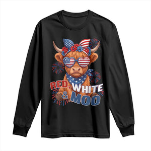 Red White and Moo Funny Patriotic Highland Cow Long Sleeve Shirt Cute American Flag Sunglasses and Bandana Summer Fireworks TS02 Black Print Your Wear
