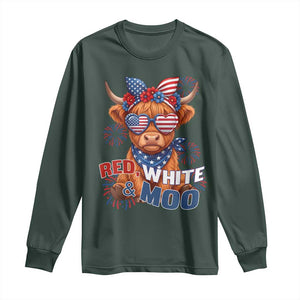 Red White and Moo Funny Patriotic Highland Cow Long Sleeve Shirt Cute American Flag Sunglasses and Bandana Summer Fireworks TS02 Dark Forest Green Print Your Wear