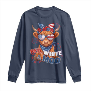 Red White and Moo Funny Patriotic Highland Cow Long Sleeve Shirt Cute American Flag Sunglasses and Bandana Summer Fireworks TS02 Navy Print Your Wear