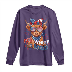 Red White and Moo Funny Patriotic Highland Cow Long Sleeve Shirt Cute American Flag Sunglasses and Bandana Summer Fireworks TS02 Purple Print Your Wear