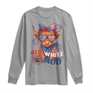 Red White and Moo Funny Patriotic Highland Cow Long Sleeve Shirt Cute American Flag Sunglasses and Bandana Summer Fireworks TS02 Sport Gray Print Your Wear