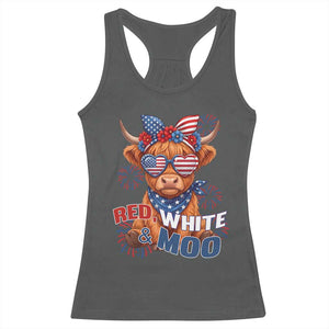 Red White and Moo Funny Patriotic Highland Cow Racerback Tank Top Cute American Flag Sunglasses and Bandana Summer Fireworks TS02 Dark Heather Print Your Wear
