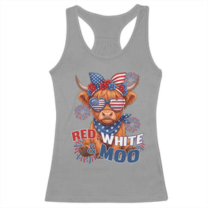 Red White and Moo Funny Patriotic Highland Cow Racerback Tank Top Cute American Flag Sunglasses and Bandana Summer Fireworks TS02 Sport Gray Print Your Wear