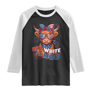 Red White and Moo Funny Patriotic Highland Cow Raglan Shirt Cute American Flag Sunglasses and Bandana Summer Fireworks TS02 Black White Print Your Wear