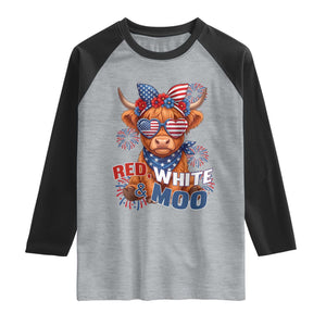 Red White and Moo Funny Patriotic Highland Cow Raglan Shirt Cute American Flag Sunglasses and Bandana Summer Fireworks TS02 Heather Gray Black Print Your Wear