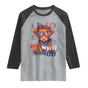 Red White and Moo Funny Patriotic Highland Cow Raglan Shirt Cute American Flag Sunglasses and Bandana Summer Fireworks TS02 Heather Gray Heather Charcoal Print Your Wear