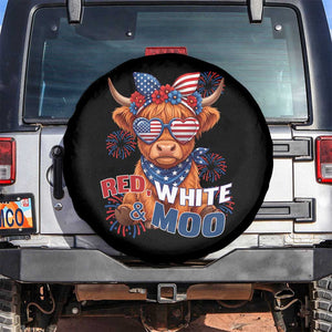 Red White and Moo Funny Patriotic Highland Cow Spare Tire Cover Cute American Flag Sunglasses and Bandana Summer Fireworks TS02 No hole Black Print Your Wear