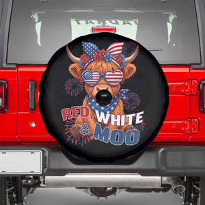 Red White and Moo Funny Patriotic Highland Cow Spare Tire Cover Cute American Flag Sunglasses and Bandana Summer Fireworks TS02 Black Print Your Wear