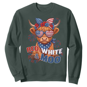 Red White and Moo Funny Patriotic Highland Cow Sweatshirt Cute American Flag Sunglasses and Bandana Summer Fireworks TS02 Dark Forest Green Print Your Wear