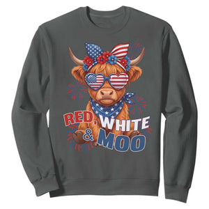 Red White and Moo Funny Patriotic Highland Cow Sweatshirt Cute American Flag Sunglasses and Bandana Summer Fireworks TS02 Dark Heather Print Your Wear
