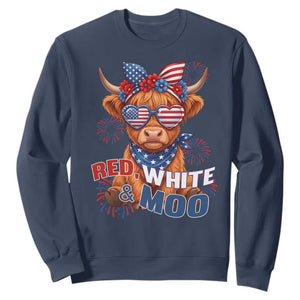 Red White and Moo Funny Patriotic Highland Cow Sweatshirt Cute American Flag Sunglasses and Bandana Summer Fireworks TS02 Navy Print Your Wear