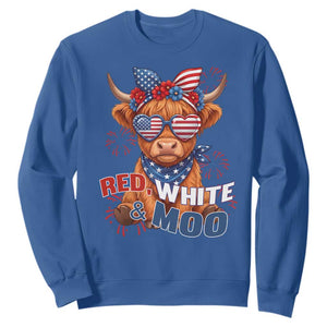Red White and Moo Funny Patriotic Highland Cow Sweatshirt Cute American Flag Sunglasses and Bandana Summer Fireworks TS02 Royal Blue Print Your Wear