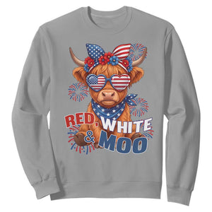 Red White and Moo Funny Patriotic Highland Cow Sweatshirt Cute American Flag Sunglasses and Bandana Summer Fireworks TS02 Sport Gray Print Your Wear