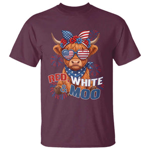 Red White and Moo Funny Patriotic Highland Cow T Shirt Cute American Flag Sunglasses and Bandana Summer Fireworks TS02 Maroon Print Your Wear