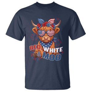 Red White and Moo Funny Patriotic Highland Cow T Shirt Cute American Flag Sunglasses and Bandana Summer Fireworks TS02 Navy Print Your Wear