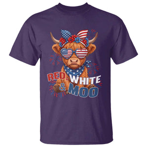 Red White and Moo Funny Patriotic Highland Cow T Shirt Cute American Flag Sunglasses and Bandana Summer Fireworks TS02 Purple Print Your Wear