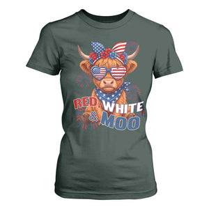 Red White and Moo Funny Patriotic Highland Cow T Shirt For Women Cute American Flag Sunglasses and Bandana Summer Fireworks TS02 Dark Forest Green Print Your Wear