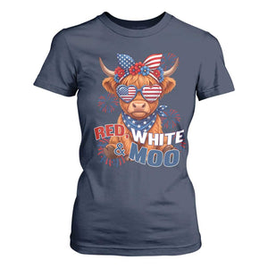 Red White and Moo Funny Patriotic Highland Cow T Shirt For Women Cute American Flag Sunglasses and Bandana Summer Fireworks TS02 Navy Print Your Wear