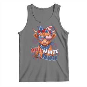 Red White and Moo Funny Patriotic Highland Cow Tank Top Cute American Flag Sunglasses and Bandana Summer Fireworks TS02 Black Heather Print Your Wear