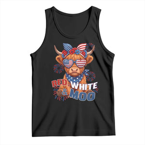 Red White and Moo Funny Patriotic Highland Cow Tank Top Cute American Flag Sunglasses and Bandana Summer Fireworks TS02 Black Print Your Wear