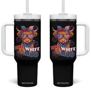Red White and Moo Funny Patriotic Highland Cow Tumbler With Handle Cute American Flag Sunglasses and Bandana Summer Fireworks TS02 One Size: 40 oz Black Print Your Wear