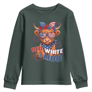Red White and Moo Funny Patriotic Highland Cow Youth Sweatshirt Cute American Flag Sunglasses and Bandana Summer Fireworks TS02 Dark Forest Green Print Your Wear