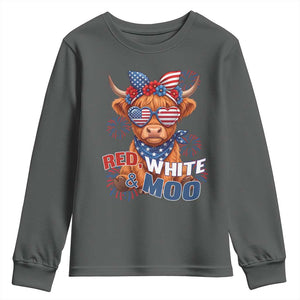 Red White and Moo Funny Patriotic Highland Cow Youth Sweatshirt Cute American Flag Sunglasses and Bandana Summer Fireworks TS02 Dark Heather Print Your Wear