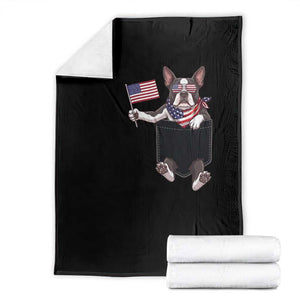 Funny Patriotic French Bulldog in Pocket Graphic Throw Blanket Cute Frenchie Waving US Flag Sunglasses Faux Summer TS02 Black Print Your Wear