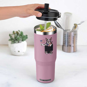 Funny Patriotic French Bulldog in Pocket Graphic Flip Straw Tumbler Cute Frenchie Waving US Flag Sunglasses Faux Summer TS02 One Size: 30 oz Light Pink Print Your Wear