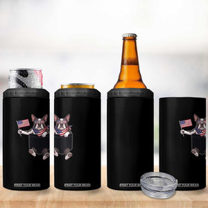 Funny Patriotic French Bulldog in Pocket Graphic 4 in 1 Can Cooler Tumbler Cute Frenchie Waving US Flag Sunglasses Faux Summer TS02 Print Your Wear