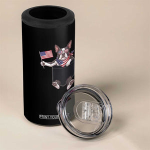 Funny Patriotic French Bulldog in Pocket Graphic 4 in 1 Can Cooler Tumbler Cute Frenchie Waving US Flag Sunglasses Faux Summer TS02 Print Your Wear