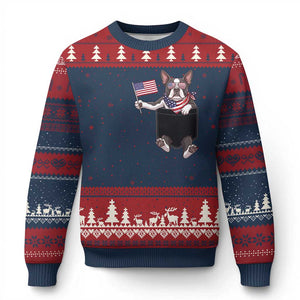 Funny Patriotic French Bulldog in Pocket Graphic Ugly Christmas Sweater Cute Frenchie Waving US Flag Sunglasses Faux Summer TS02 Navy Red Print Your Wear