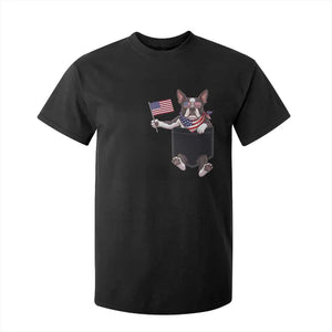 Funny Patriotic French Bulldog in Pocket Graphic T Shirt For Kid Cute Frenchie Waving US Flag Sunglasses Faux Summer