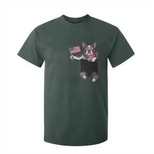 Funny Patriotic French Bulldog in Pocket Graphic T Shirt For Kid Cute Frenchie Waving US Flag Sunglasses Faux Summer