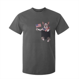 Funny Patriotic French Bulldog in Pocket Graphic T Shirt For Kid Cute Frenchie Waving US Flag Sunglasses Faux Summer