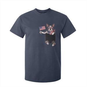 Funny Patriotic French Bulldog in Pocket Graphic T Shirt For Kid Cute Frenchie Waving US Flag Sunglasses Faux Summer