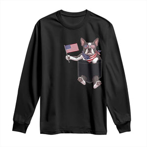 Funny Patriotic French Bulldog in Pocket Graphic Long Sleeve Shirt Cute Frenchie Waving US Flag Sunglasses Faux Summer TS02 Black Print Your Wear