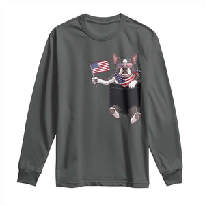 Funny Patriotic French Bulldog in Pocket Graphic Long Sleeve Shirt Cute Frenchie Waving US Flag Sunglasses Faux Summer TS02 Dark Heather Print Your Wear