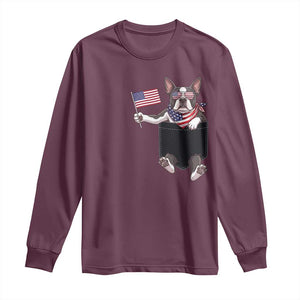 Funny Patriotic French Bulldog in Pocket Graphic Long Sleeve Shirt Cute Frenchie Waving US Flag Sunglasses Faux Summer TS02 Maroon Print Your Wear