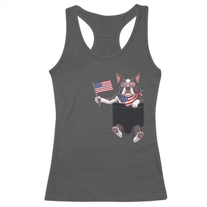 Funny Patriotic French Bulldog in Pocket Graphic Racerback Tank Top Cute Frenchie Waving US Flag Sunglasses Faux Summer TS02 Dark Heather Print Your Wear